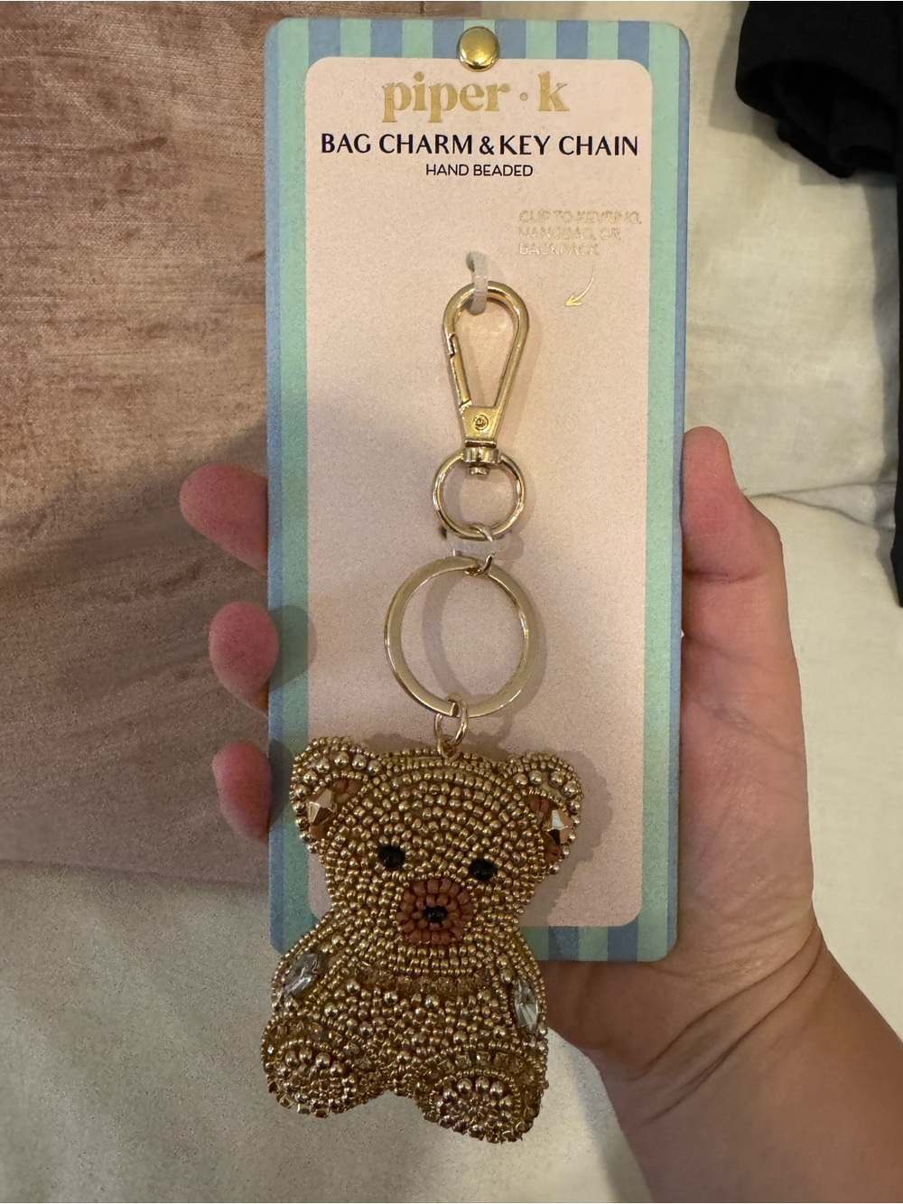 NEW Piper Gold Hand Beaded Teddy Bear Bag Charm & Key Chain